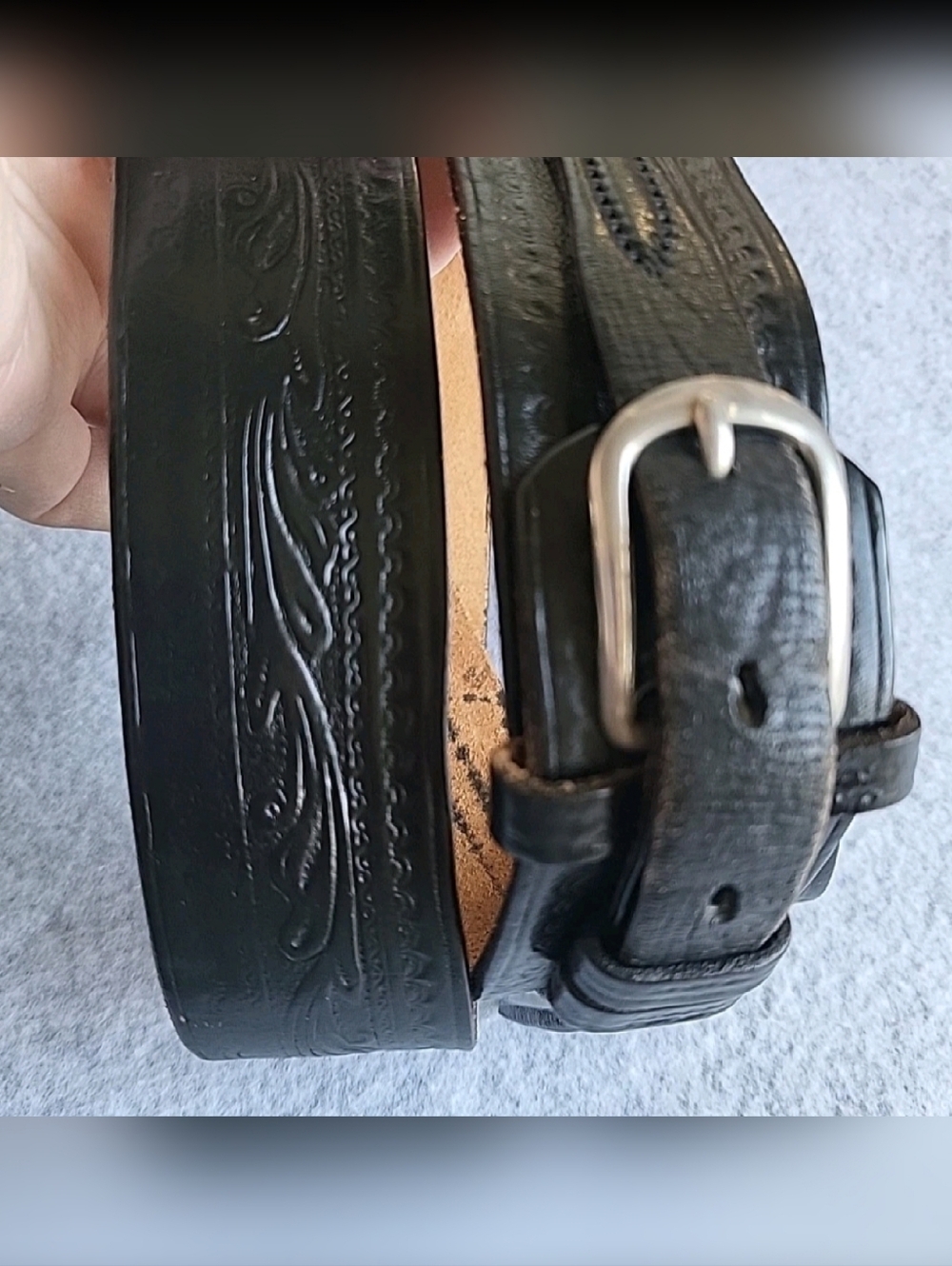 Ranger Style Belt Mens 38 Black Full Grain Leather Handmade Embossed Military